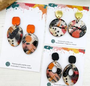 Messy brunette jewellery with uv printed plywood elements by bespoke laser uk